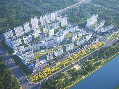 Aerial Planning of Modern Residential Area With High Rise Buildings Green Spaces And Waterfront 3d model