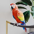 Scarlet Macaw With Vibrant Red Yellow Blue Feathers Perched On Black Bar Near Green Leaves