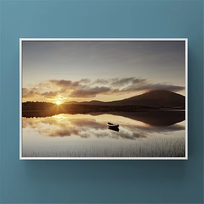 Serene Landscape Painting With Sunset Over Calm Lake Small Boat And Mountain Reflection 3d model