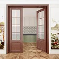 Open Wooden Double Doors Revealing Interior With Floral Murals And Parquet Floor