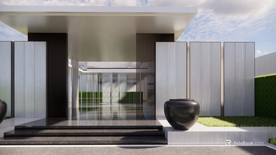 Modern Garden Landscape With Architectural Entrance Black Pottery Jar Stone Steps And Green Lawn 3d model 