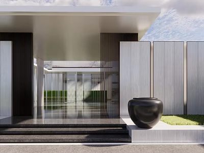 Modern Garden Landscape With Architectural Entrance Black Pottery Jar Stone Steps And Green Lawn 3d model