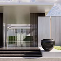 Modern Garden Landscape With Architectural Entrance Black Pottery Jar Stone Steps And Green Lawn