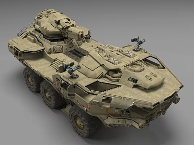 Military Armored Functional Vehicle With Six Wheels Turret And Sand Colored Exterior 3d model