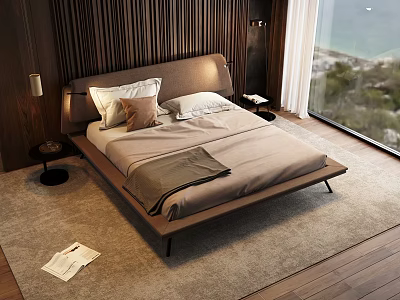 Modern Bedroom Interior With Double Bed Wooden Headboard Floor To Ceiling Window And Rug 3d model