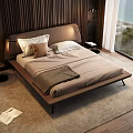 Modern Bedroom Interior With Double Bed Wooden Headboard Floor To Ceiling Window And Rug
