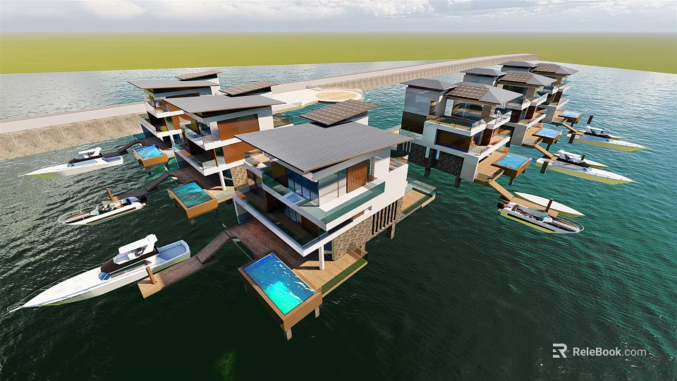 Modern Overwater Detached Villas With Private Swimming Pools And Boats 3d model 