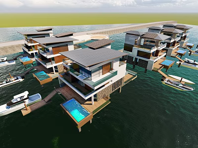 Modern Overwater Detached Villas With Private Swimming Pools And Boats 3d model