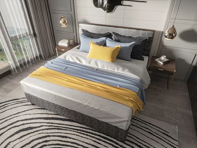 Modern Double Bed Interior With Gray Headboard Blue Yellow Bedding Nightstands Lamps And Window 3d model