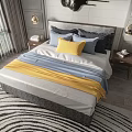 Modern Double Bed Interior With Gray Headboard Blue Yellow Bedding Nightstands Lamps And Window