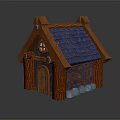Wooden Cottage Design With Blue Tiled Roof Circular Window Wooden Door And Brick Base
