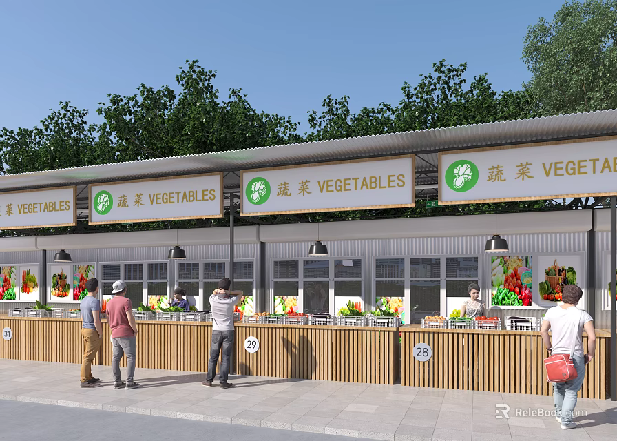 Grocery Supermarket Fresh Vegetable Stalls With Customers Shopping And Surrounding Green Trees 3d model 