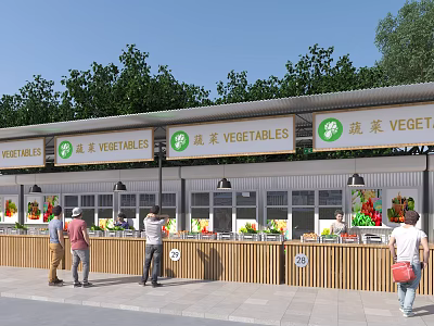 Grocery Supermarket Fresh Vegetable Stalls With Customers Shopping And Surrounding Green Trees 3d model