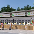 Grocery Supermarket Fresh Vegetable Stalls With Customers Shopping And Surrounding Green Trees