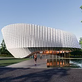 Modern Sales Office Building With Unique Grid Pattern Facade And Curved Architectural Design