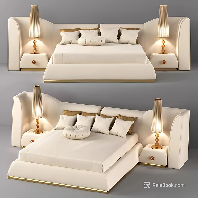 Modern Upholstered Double Bed With Bedside Tables Table Lamps And Decorative Pillows 3d model 