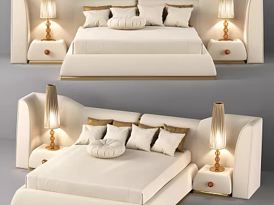 Modern Upholstered Double Bed With Bedside Tables Table Lamps And Decorative Pillows 3d model