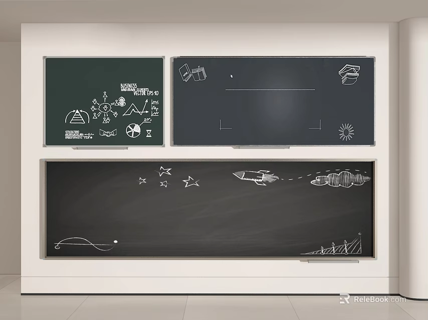 Chalkboard Wall with Hand-drawn Stars Rocket Sun and Kids Artwork Design 3d model 