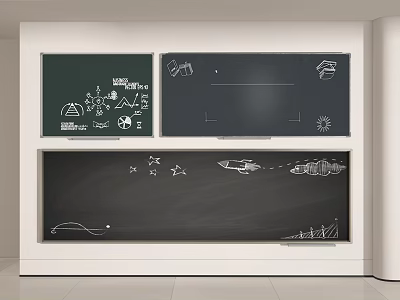 Chalkboard Wall with Hand-drawn Stars Rocket Sun and Kids Artwork Design 3d model