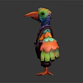 Colorful Cartoon Bird Game and Movie Character With Rainbow Feathers Red Overalls and Green Eyes