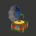 Vintage Gramophone Electronic Appliance With Brass Horn Orange Base And Ornate Turntable