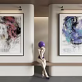 Two Vibrant Abstract Paintings Hanging On Walls In Modern Interior With Small Figure On Bench
