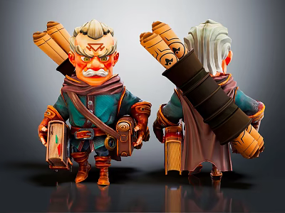 Cartoon Style Bearded Character Models With Scrolls Front Back Views And Decorative Outfits 3d model