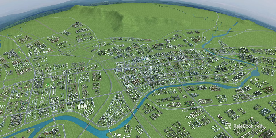 Aerial Planning of Urban Layout with River Green Spaces and Road Network 3d model 