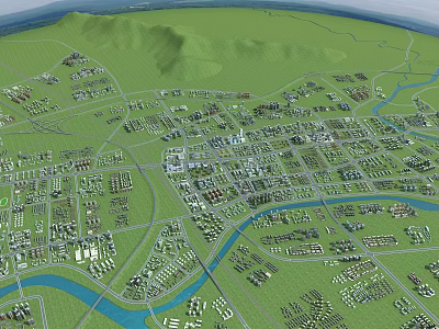 Aerial Planning of Urban Layout with River Green Spaces and Road Network 3d model