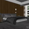 Modern Minimalist Bedroom Interior With Dark Paneled Walls Gray Bedding And Large Window Green View