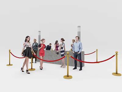 People Waiting And Interacting At Reception Counter With Red Rope Barriers 3d model