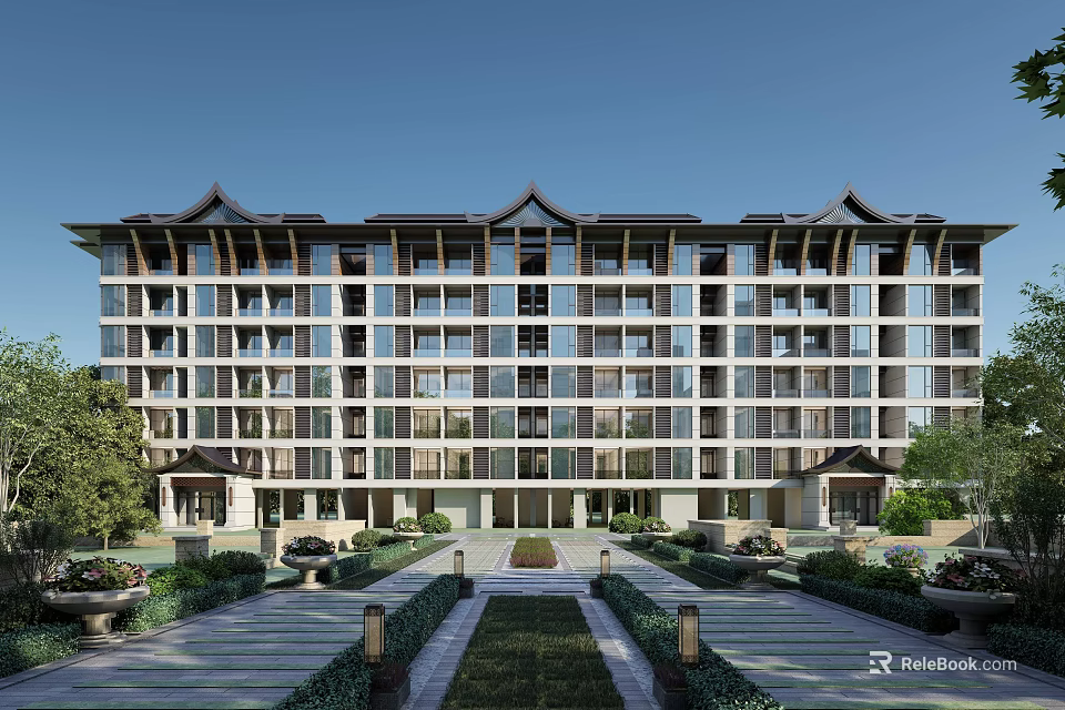 Elegant Modern Detached Villa Exterior Design With Traditional Roof And Landscaped Courtyard 3d model 