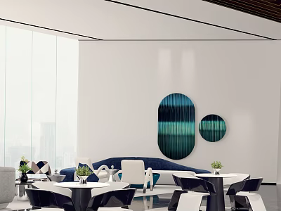 Contemporary Lounge Area With Blue Sofa Round Wall Art Tables And Floor to Ceiling Windows 3d model