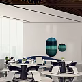 Contemporary Lounge Area With Blue Sofa Round Wall Art Tables And Floor to Ceiling Windows