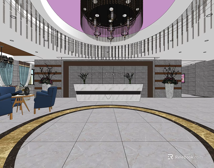 Modern Store Front Desk Interior With White Marble Counter Pendant Lights And Potted Plants 3d model 