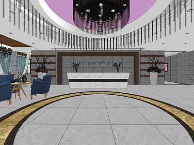 Modern Store Front Desk Interior With White Marble Counter Pendant Lights And Potted Plants 3d model