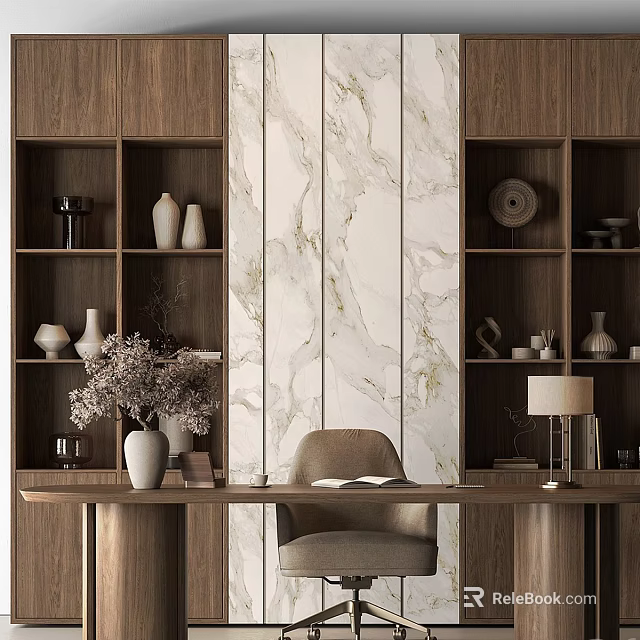 Walnut Desk With Marble Background And Shelves Decorative Vases Dried Flowers Open Book Table Lamp 3d model 