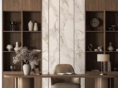 Walnut Desk With Marble Background And Shelves Decorative Vases Dried Flowers Open Book Table Lamp 3d model
