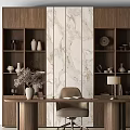 Walnut Desk With Marble Background And Shelves Decorative Vases Dried Flowers Open Book Table Lamp