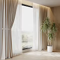 Beige Curtains With White Sheer By Window Offering Scenic Outdoor View Alongside Green Potted Plant