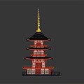 Traditional Red Multi tiered Pagoda With Black Roof And Golden Spire