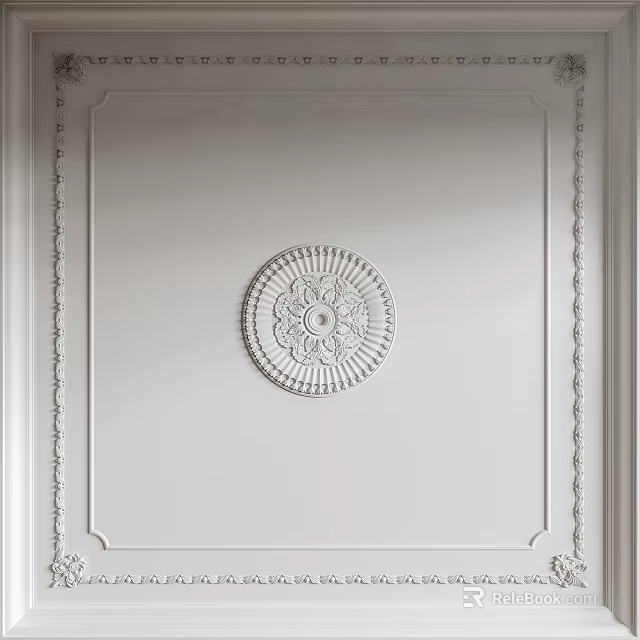 Elegant Classical Ceiling Medallion Featuring Floral Pattern And Ornate Relief Lines In White Interior 3d model 