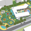 Vibrant Children's Playground With Green Lawns Circular Play Structures Slides Colorful Paths And Trees