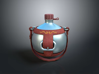 Daily Use Metallic Canteen With Leather Strap Red Cap And Decorative Pattern 3d model