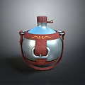 Daily Use Metallic Canteen With Leather Strap Red Cap And Decorative Pattern