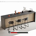 Modern Bar Counter With Black Top Wooden Cabinet Three Black Stools Fruit Decor And Sink