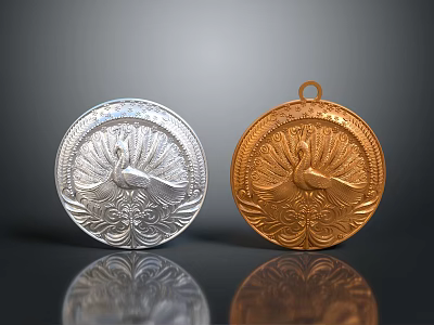 Round Silver And Gold Pendants With Peacock Design And Intricate Patterns Jewelry 3d model