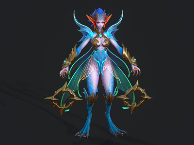 Fantasy Game Movie Character With Blue Body Wing Like Structures Golden Accents And Glowing Details 3d model