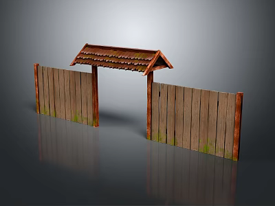 Rustic Wooden Entrance Gate With Side Wooden Fences And Tiled Roof Canopy 3d model