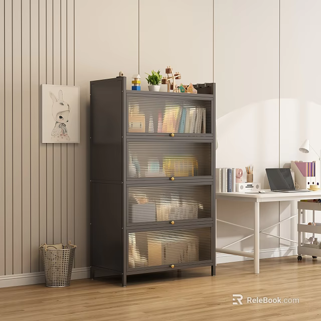 Black Bookshelf With Mesh Doors Multiple Shelves Decor Items Near White Desk With Laptop 3d model 